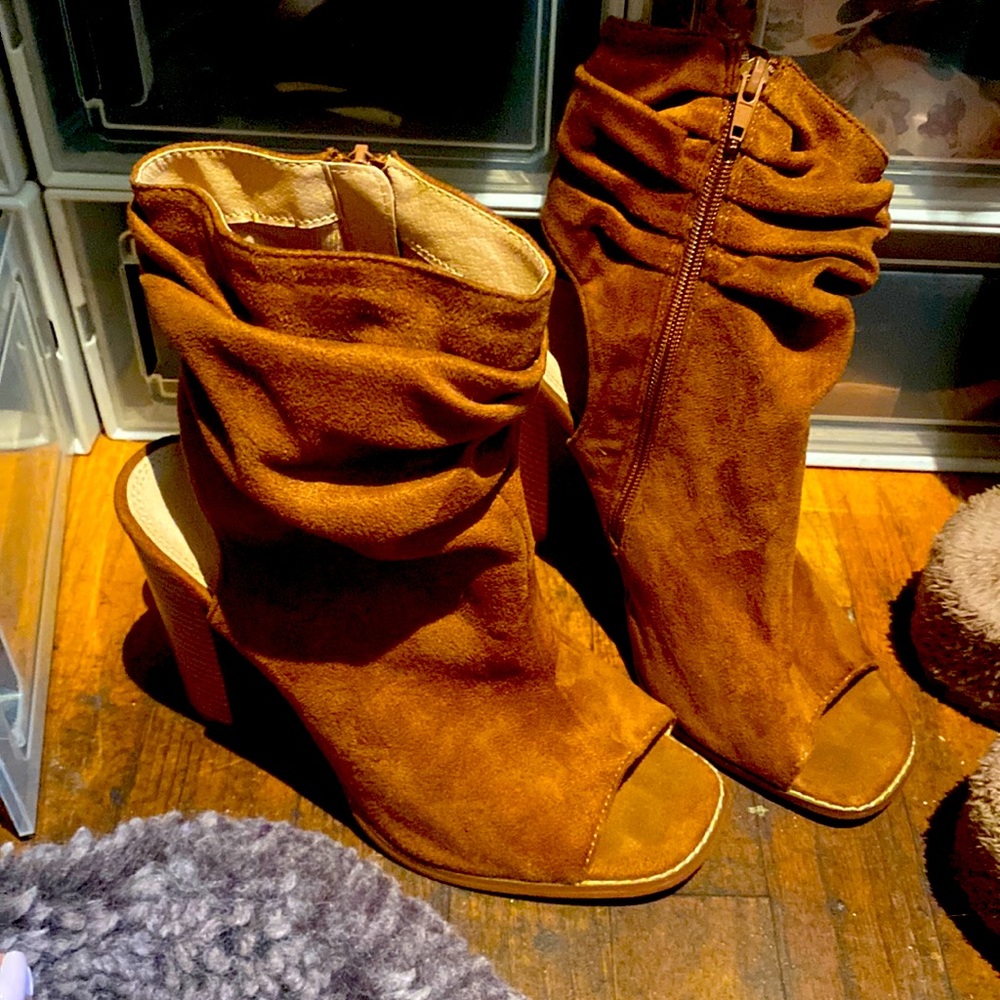 Brown suede, open toed ankle boots